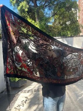 Art Deco Velvet Scarf, semi sheer burnout, Black, Orange, Green, Amber